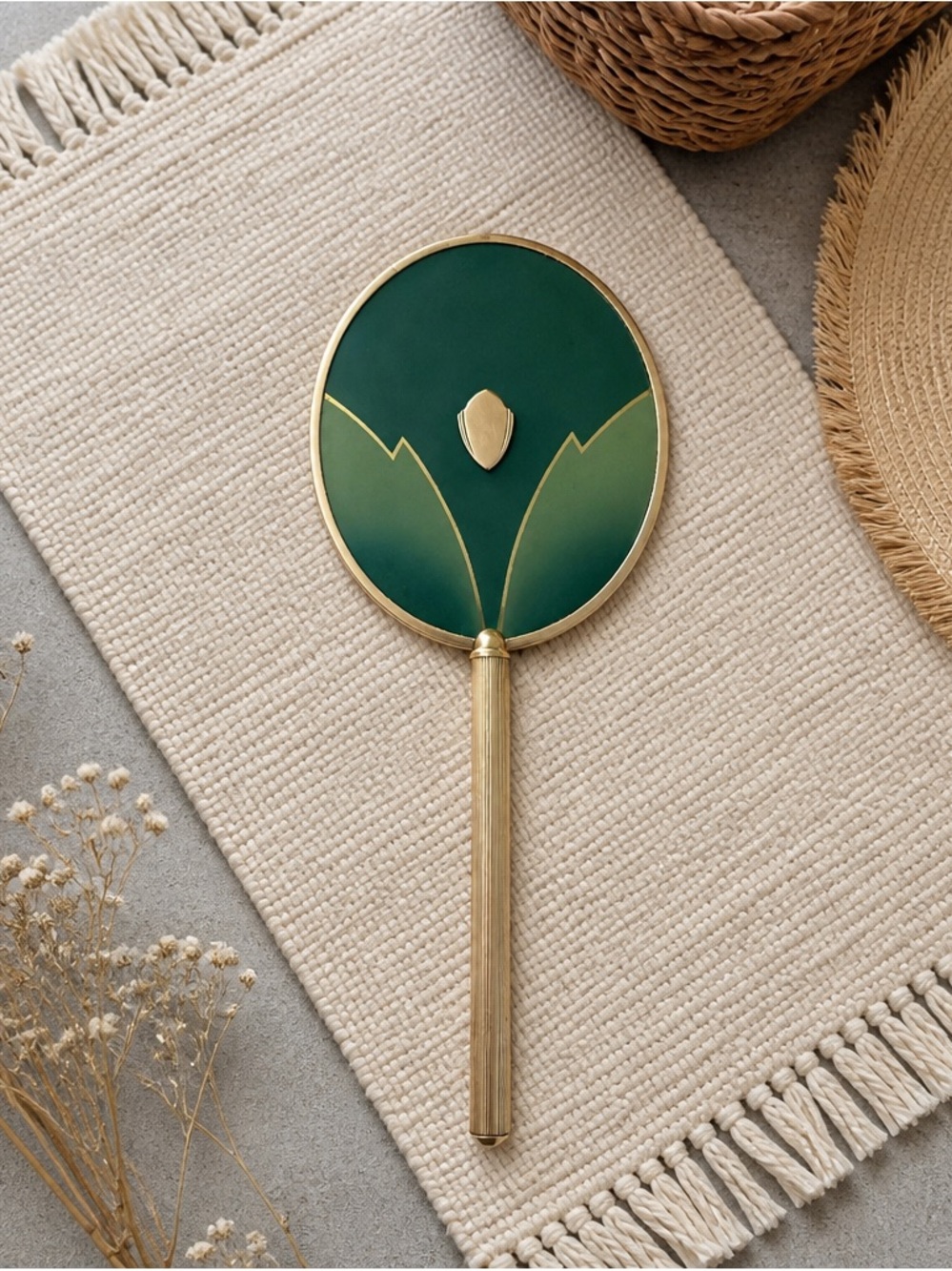 Vintage Gold Handle Green Hand Mirror - Women Accessories